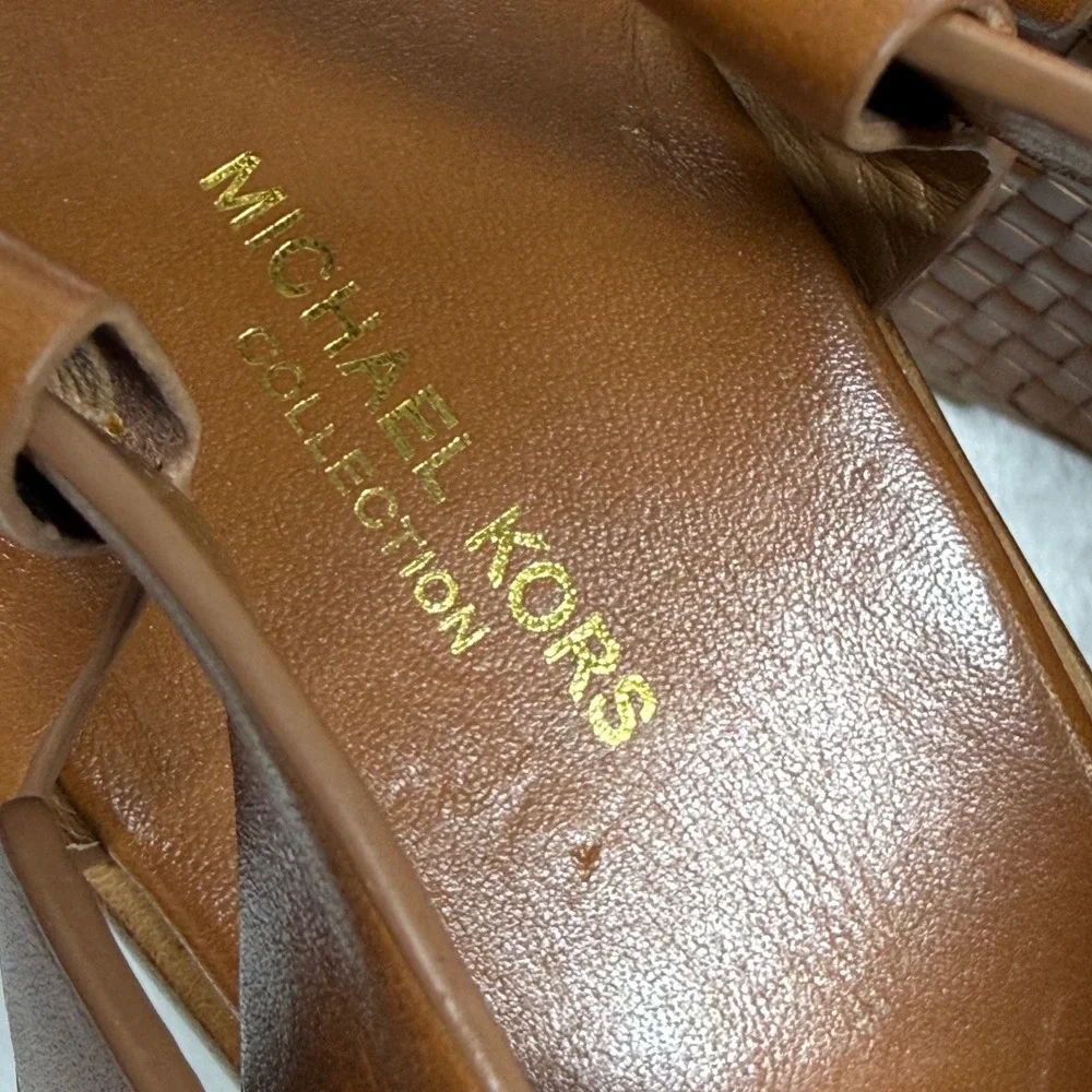 Michael‎ Kors Collection Tan Leather Woven Platform Wedge Sandals 38.5/8
